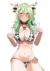 bell_collar bikini blush ceres_fauna choker cow_ears cow_tag cowbell cowkini embarrassed flowers_in_hair glass_of_milk hololive hololive_english hololive_english_-council- hololive_english_-promise- horns single_braid virtual_youtuber