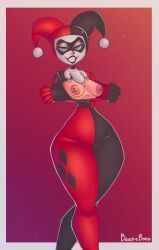 1girls beepisboop black_lipstick breasts breasts_out clown clown_girl dc dc_comics eye_mask female female_only harley_quinn harley_quinn_(classic) multiversus pierced_nipples ripped_clothing skin_tight smiling smiling_at_viewer solo