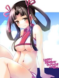 1girls arm_support big_breasts bikini blush breasts brown_eyes brown_hair busty character_request female female_only hair_ribbon large_breasts looking_at_viewer navel ribbon sitting smile solo swimsuit underboob zinan zinan777