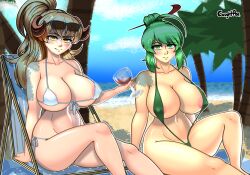 2girls areola_slip arm_support beach big_breasts bikini blonde_hair breasts busty caughtpoe chair cleavage female female_only glass green_eyes green_hair highres huge_breasts large_breasts legs looking_at_viewer mature_female mature_woman milf multiple_girls navel ocean original ponytail sitting slingshot_swimsuit smile swimsuit thick_thighs thighs underboob voluptuous water white_bikini yellow_eyes