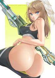 1girls absurdres bangs big_butt blue_eyes bra breasts butt eunie_(xenoblade) fat_ass female female_only head_wings highres holding holding_weapon huge_butt large_breasts long_hair looking_at_viewer mandytsune pants shirt simple_background solo sports_bra staff underwear weapon white_wings wings xenoblade_(series) xenoblade_chronicles_3