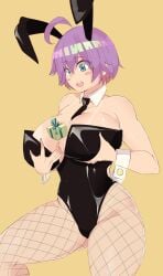 1girls aqua_eyes between_breasts big_breasts breast_grab breasts busty cleavage female female_only grabbing highres large_breasts legs open_mouth purple_hair rabbit_ears rabbit_tail short_hair solo solo_female sombra222 surprised thick_thighs thighs voluptuous yukino_akaihi