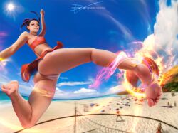 1girls 2022 action_pose aged_up artist_signature ass avatar_the_last_airbender azula bare_legs bare_shoulders barefoot beach biting_lip black_hair brown_eyes bubble_butt cameltoe clothing clouds cloudscape day demonlorddante erect_nipples erect_nipples_under_clothes feet fire fire_bending fire_nation firebending fisheye_lens flexible flowing_hair island jumping kicking lens_flare looking_at_viewer medium_breasts midair nickelodeon ocean outdoors panties patreon_username playing_sports princess realistic sand seaside sidelocks skirt skorts small_breasts soles sports sun swimsuit toes tropical_setting tubetop two_piece_swimsuit upskirt volleyball volleyball_net