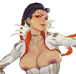 2d apex_legends black_hair braid breasts commentary corset cropped_jacket dark-skinned_female dark_skin ear_piercing earrings eyeshadow female fur-trimmed_jacket fur_trim gradient_hair highres jacket jewelry large_breasts latina lipstick loba loba_(apex_legends) long_hair looking_at_viewer makeup multicolored_hair nipple_slip nipples no_bra open_clothes open_jacket parted_lips piercing red_hair red_lips respawn_entertainment simple_background solo tattoo twin_braids twintails two-tone_hair upper_body white_background white_corset white_jacket yellow_eyes zjl_baiqishi