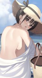 1girls bare_back beach black_hair from_behind hat medium_breasts mottsun_(i_40y) nipples nude short_hair solo