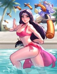 2girls ass bareback bikini blushypixy blushyspicy bra breasts butt irelia_xan league_of_legends legs looking_at_viewer midriff panties sfw sideboob smirk swimming_pool swimsuit thick_ass thick_thighs thighs yuumi_(lol) yuumi_fuckin_dies