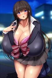 bag big_breasts blush blushing bowtie bra bra_cups_sticking_out breasts breasts_bigger_than_head brown_hair cleavage clothed enormous_breasts female female_focus female_only huge_breasts immoral_advent_devilcarnival legs legs_together light-skinned_female light_skin long_hair massive_breasts mikan_(5555) mole_under_eye night open_mouth outside painted_fingernails purple_eyes school_uniform schoolgirl schoolgirl_uniform shiny shiny_breasts shiny_skin skirt