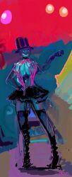 abstract_background amphibian anthro big_breasts boots bottomwear breasts clothed clothing dancewear female footwear hat headgear headwear hi_res legwear painting_(artwork) salamander_(amphibian) salisha skimpy skirt smile solo straps_across_chest thigh_highs top_hat traditional_media_(artwork) turbinedivinity tutu watercolor_(artwork)