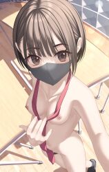 1girls black_hair brown_eyes mask mottsun_(i_40y) necktie nipples nude pubic_hair short_hair small_breasts solo