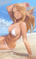 bare_arms bare_legs bare_midriff bare_shoulders barefoot beach beauty_mark blonde_female blonde_hair breasts cleavage cloud dark-skinned_female dark_skin female_only front_view kinta_(distortion) large_breasts long_hair looking_at_viewer necklace nipple_bulge sky smile tagme tan_skin tanline tanned_skin water wet wet_hair wet_skin white_bikini yellow_eyes