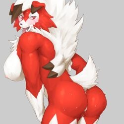 anthro ass back_boob big_breasts bodily_fluids breasts canid canine captainjohkid claws female fur generation_7_pokemon genital_fluids genitals hair hi_res looking_back lycanroc mammal midnight_lycanroc nintendo nude open_mouth pokemon pokemon_(species) pussy pussy_juice red_body red_fur smile solo tongue tongue_out video_games white_body white_fur