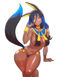 1girls 2021 breasts cleavage curvy_figure dark-skinned_female green_eye heterochromia jackal_ears large_breasts looking_at_viewer navel_piercing nisego original red_eye relicta_(nisego) solo solo_female tail thick_thighs white_background wide_hips yellow_lips