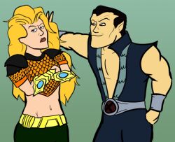 1boy 1girls anna_curry aquaman aquaman_(series) aquawoman blonde_female blonde_hair corndog crossover dark_hair dc dc_comics earth_11 female flirt flirting flirting_look male marvel marvel_comics namor smile straight sub-mariner superhero superheroine x-men