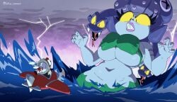 alternate_version_available big_breasts cala_maria chubby cuphead cuphead_(game) curvy giantess gorgon green_skin huge_breasts inkershike large_breasts larger_female medusa mermaid mermaid_giantess seashell_bra smaller_male snake wide_hips