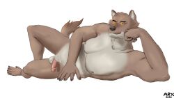 16:9 4k absurd_res anthro arxios balls brown_body brown_fur canid canine canis claws countershading crotch_tuft dreamworks fur genitals hi_res humanoid_genitalia humanoid_penis looking_at_viewer lying male mammal mr._wolf_(the_bad_guys) muscular muscular_anthro nipples on_side paws pecs penis pink_penis simple_background small_penis smile solo solo_male tail the_bad_guys toe_claws tuft watermark white_background widescreen wolf yellow_sclera