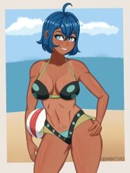 1girls beach beach_ball belly belly_button big_breasts blue_eyes blue_hair blush blushing breasts curves curvy dark-skinned_female dark_skin female female_focus female_only large_breasts ludinsketches sea smile smiling swimsuit swimwear tagme tan tan_skin tanline tanlines tanned tanned_female tanned_girl tanned_skin tara_(ludinsketches) thick thick_thighs thighs tummy