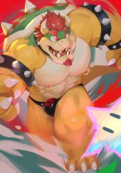 1boy abs absurd_res action_pose anthro armband barazoku big_muscles bowser bulge claws clothed clothing eyebrows facial_hair goatee hair hi_res horn jockstrap jockstrap_only male male_only mario_(series) mostly_nude mukum_1am muscular muscular_anthro muscular_male nintendo nipple_piercing nipples open_mouth paper_mario pecs piercing pose red_hair scales sharp_teeth shell solo spiked_armband spiked_shell spikes spikes_(anatomy) teeth thick_eyebrows topless underwear underwear_only yellow_body yellow_scales