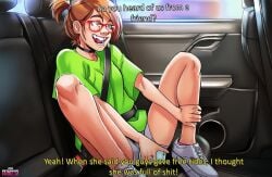 1girls andava andavaverse blonde_hair brown_hair car choker darcy_redd fake_taxi female light-skinned_female light_skin looking_at_viewer mole nerd nerdy_female shirt shoes shorts sitting slender_legs small_breasts smile solo spread_legs spreading_legs straight_hair