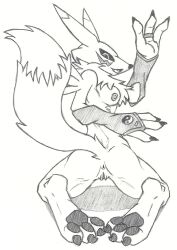 anthro anus armband ass bandai_namco black_sclera breasts chest_tuft claws digimon digimon_(species) dogwash female genitals gesture graphite_(artwork) kneeling mostly_nude nipples pawpads pencil_(artwork) pussy rear_view renamon solo tail toe_claws traditional_media_(artwork) tuft waving yin_yang