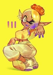 1girls 5_fingers 5_toes anthro belly_button big_breasts blonde_female breasts dark-skinned_female dark_skin deep_cut_(splatoon) feet female female_only frye_(splatoon) medium_breasts navel nintendo pointy_ears see-through_clothing sharp_teeth simple_background smile smiling_at_viewer solo solo_female splatoon splatoon_3 tagme tentacle_hair toes wamudraws wink winking winking_at_viewer yellow_eyes yellow_hair yellow_theme