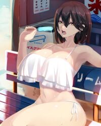 1girls bench big_breasts brown_hair bubble_ass bubble_butt cleavage dripping eating female female_only halter_top hayakawa_mayumi ice_cream ice_cream_on_breasts large_breasts midriff open_mouth outside shiki_(psychedelic_g2) side-tie_bikini sitting solo sweating tagme voluptuous voluptuous_female wet wet_body wet_hair wet_skin white_bikini yellow_eyes