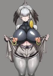 1girls 2022 big_breasts breasts cameltoe female female_only huge_breasts kemono_friends looking_at_viewer nikunigushii nipple_piercing nipples shoebill_(kemono_friends) shorts simple_background solo