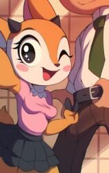 aggressive_retsuko antelope anthro belt blush bottomwear bovid chief_komiya clothing duo erection female gazelle hi_res looking_at_viewer male male/female mammal necktie pants sanrio selfie shirt smile smooth_fur tight_clothing topwear tsunoda wildblur