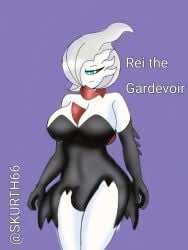 1futa areolae big_breasts black_dress blue_eyes breasts bulge clothed clothing darkrai english_text flaccid fully_clothed fusion futa_only futanari gardevoir gray_hair humanoid oc pokemon pokemon_(species) skurth66 solo standing text white_skin