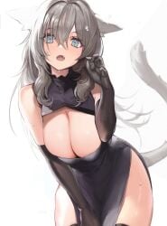 1girls animal_ears arched_back armwear big_breasts blue_eyes blush blushing boob_window breasts busty cat_ears cat_girl cat_pose cat_tail catgirl curvaceous curves curvy curvy_body curvy_female curvy_figure curvy_hips cyobiro exposed_shoulders female female_only flower_in_hair fluffy_tail grey_hair hips huge_breasts large_breasts light_blue_eyes light_blush paw_pose shoulders silver_hair slight_blush sweat sweating sweaty tagme tail thick thick_thighs thighs white_hair