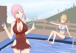 2girls angelchama big_breasts blonde blonde_hair blue_eyes choker feet female_only hololive hololive_english hololive_myth mori_calliope necklace pink_hair pool poolside rainbow red_eyes swimsuit thick_thighs virtual_youtuber water water_gun watson_amelia