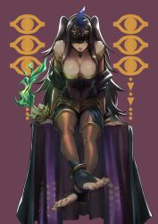 1girls aduti_momoyama alternate_costume bangs bare_shoulders barefoot black_hair bodystocking breasts cape cleavage feet female female_only fire fire_emblem fire_emblem_awakening fire_emblem_heroes green_fire hair_over_one_eye highres large_breasts leaning_forward long_hair looking_at_viewer nail_polish nintendo official_alternate_costume orange_nails plegian purple_eyes shoulders sitting smile solo tharja_(fire_emblem) tharja_(plegian)_(fire_emblem)