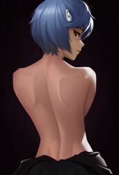 1girls back back_view blue_hair bodysuit breasts female human kuudere lem00001 neon_genesis_evangelion pale-skinned_female pale_skin pilot_suit plugsuit rebuild_of_evangelion red_eyes rei_ayanami short_hair shoulders tagme tagme_(artist) topless