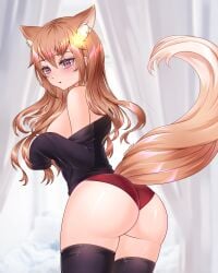 1girls absurdres animal_ear_fluff animal_ears annytf ass bare_shoulders black_shirt black_thighhighs blonde_female breasts brown_eyes brown_hair female fox_ears fox_girl fox_tail from_behind hair_ornament highres indie_virtual_youtuber leotard leotard_under_clothes light-skinned_female light_skin long_hair looking_back no_pants off_shoulder red_leotard shirt sleeves_past_wrists solo star_(symbol) star_hair_ornament tail thighhighs thighs virtual_youtuber wonnikon