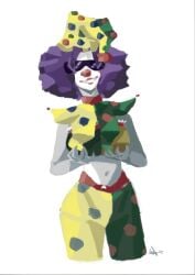 2d 2d_(artwork) bebey_(streamer) belly belly_button breasts choker clown clown_girl clown_makeup clown_nose clussy_bebs looking_at_viewer medium_breasts pale-skinned_female pale_skin polka_dot polka_dot_bra polka_dot_hat polka_dot_legwear polka_dot_topwear rule_63 smile smiling sunglasses touching_breast violet_hair white_body white_skin youtube youtuber деградач софья_зазыкина