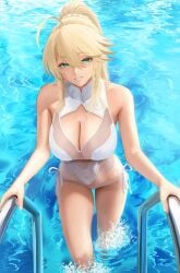 1girls artoria_pendragon artoria_pendragon_(lancer) big_breasts blonde_female blonde_hair blue_eyes breasts climbing_ladder curves curvy curvy_body curvy_female curvy_figure curvy_hips fate/grand_order fate_(series) female female_focus female_only getting_out_of_pool hips huge_breasts in_water lancer large_breasts legs mouth_open ponytail pool saber smile smiling swimming_pool swimsuit swimwear teeth teeth_showing thick thick_legs thick_thighs thighs turquoise_eyes water wet yamaneko_(tkdrumsco)