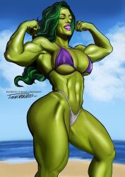 1girls abs beach big_breasts bikini busty clothed digital_art digital_painting female female_only flexing_bicep flexing_both_biceps green_body green_eyes green_hair green_skin hair huge_breasts hulk_(series) killbiro large_breasts lips lipstick long_hair marvel marvel_comics muscle_girl muscles muscular muscular_female muscular_thighs pinup purple_lips purple_lipstick revealing_clothes she-hulk smile solo swimsuit thick_thighs thighs thong_bikini waist