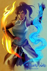 1girls artist_name athletic_female avatar_legends brown_hair clothed clothing dark-skinned_female dark_skin female female_only fighting firebending fully_clothed human korra marikoneko marikoneko0 martial_arts medium_breasts nickelodeon simple_background smooth_skin solo the_avatar the_legend_of_korra water_tribe waterbending