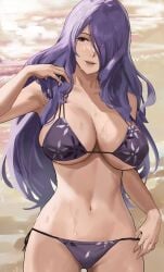 1girls alternate_costume armpits bare_arms bare_shoulders bikini breasts camilla_(fire_emblem) cleavage collarbone cowboy_shot day female fire_emblem fire_emblem_fates hair_over_one_eye hartman_hips highres j@ck large_breasts long_hair looking_away looking_to_the_side navel nintendo outdoors parted_lips purple_bikini purple_eyes purple_hair purple_swimsuit skindentation smile solo stomach swimsuit very_long_hair wet