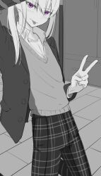 1boy black_and_white blush blush_lines dainamaito_kohi femboy girly long_hair male male_only original purple_eyes school_uniform selfie side_ponytail sissy solo solo_focus solo_male tongue tongue_out trap v