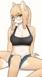 1girls amber_eyes animal_ears animal_tail anthro big_breasts black_bra blonde_female breasts clothed denim_shorts embarrassed female female_only fur furry glasses korfiorano looking_at_viewer rebekah sitting snout solo solo_female tagme tail tank_top unzipping