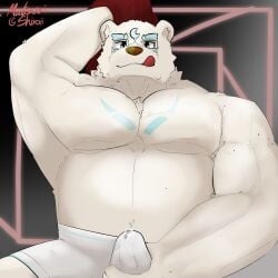 belly blue_eyes bodily_fluids bottomwear clothing cum cum_while_penetrated eyewear fur genital_fluids glasses hi_res male male_focus male_only mammal masturbation matsuri_shiroi matsurishiroii muscular pants pecs penetration polar_bear precum sitting solo ursid ursine white_body white_fur