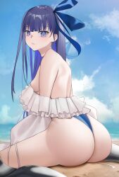 1girls ass ass_focus back back_view beach big_ass big_butt breasts butt curves curvy curvy_female curvy_figure eyebrows eyebrows_behind_hair fate/grand_order fate_(series) female female_ass female_only huge_ass huge_butt large_ass medium_breasts meltryllis meltryllis_(fate) meltryllis_(swimsuit_lancer)_(fate) on_ground purple_eyes purple_hair san_(harutuki_3) sea side_view sideboob small_breasts swimsuit swimwear thick thick_ass thigh_highs thighhighs violet_eyes violet_hair