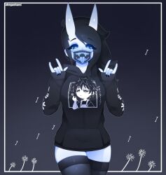 ahegaokami black_hair black_nails breasts demon_girl heart-shaped_pupils hoodie horns long_socks looking_at_viewer masked oni oni_horns original spooky_(ahegaokami) tagme thighs wholesome