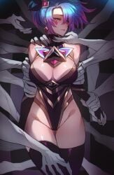 1girls akali big_breasts blush collar dialogue gloves heavy_breathing heels korean_text league_of_legends leash multicolored_hair ratatatat74 riot_games speech_bubble squatting star_guardian_akali star_guardian_series text thick_thighs thigh_boots thighhighs translation_request