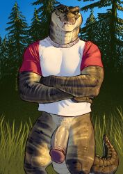 2022 absurd_res anthro biceps bottomless clothed clothing crocodile crocodilian crocodylid crossed_arms digital_media_(artwork) foreskin genitals glans grass hi_res looking_at_viewer male male_only muscular muscular_anthro muscular_male outside penis plant pupils reptile scalie serex shirt sky slit_pupils smile solo teeth toothpick topwear tree