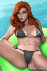 1girls bikini evandromenezes green_eyes jean_grey long_hair looking_at_viewer lying_on_back marvel marvel_comics orange_hair pool pool_toy spread_legs wet x-men x-men_evolution