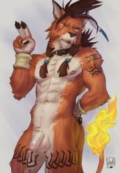 abs anthro areola balls biceps canid canine canis collar digital_media_(artwork) ear_piercing ear_ring felid final_fantasy final_fantasy_vii fire flaccid flaming_tail foreskin fur genitals hair hi_res humanoid_genitalia humanoid_penis hybrid lion lion21 looking_at_viewer male male_focus male_only mammal muscular muscular_anthro muscular_male nipples nude one_eye_closed orange_body pantherine pecs penis piercing red_xiii ring_piercing simple_background solo square_enix tattoo teeth video_games white_background wink wolf