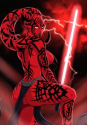 1girls amber_eyes ass bubble_butt darth_talon large_breasts lightsaber loincloth looking_at_viewer looking_back lunareyes red_skin sideboob sith star_wars tattoo thick_thighs twi'lek voluptuous