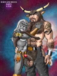 2001 2boys anthro balls body_hair borni bovid bovine canid canine chaps cigar duo ear_piercing erection european_mythology facial_hair gay genitals greek_mythology male male/male male_only mammal minotaur multiple_boys muscular mythology nipples penis piercing tail_around_partner tattoo