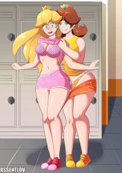 assentlov blonde_female blonde_hair blue_eyes blush brown_hair cleavage crown fit_female frilly_panties gym_shorts large_breasts locker_room long_hair mario_(series) multiple_girls nintendo panties princess_daisy princess_peach royalty shoes undressing